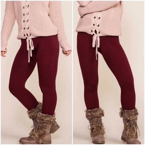 HIGH WAIST FLEECE LINED LEGGINGS | BURGUNDY - Picture 1 of 4
